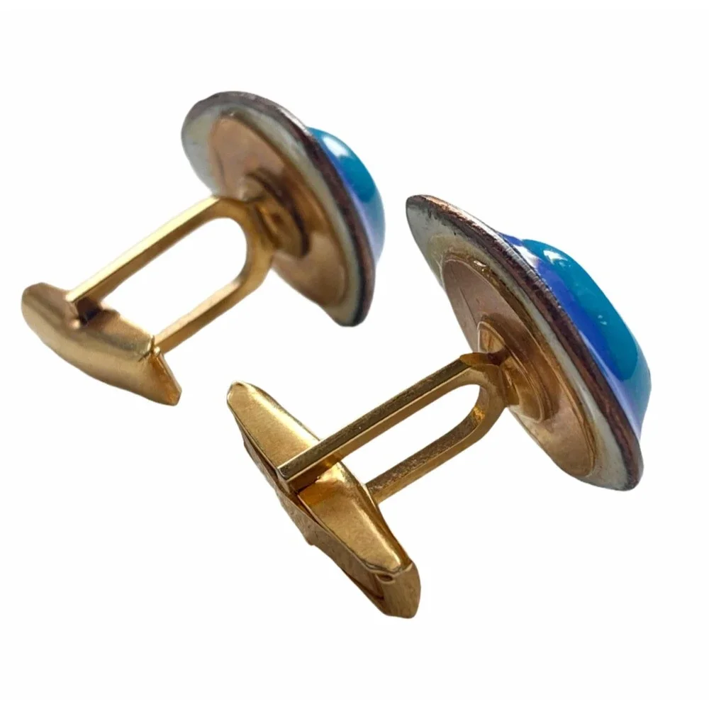 Blue Enamel Round Edges Triangular Shaped Sparkly Gold Tone Men's Cufflinks
